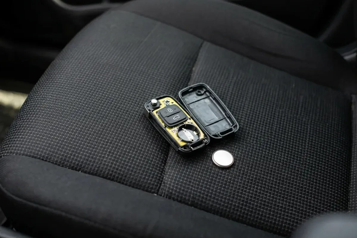 Car key fob opened to show the coin battery, with a programming tool beside it