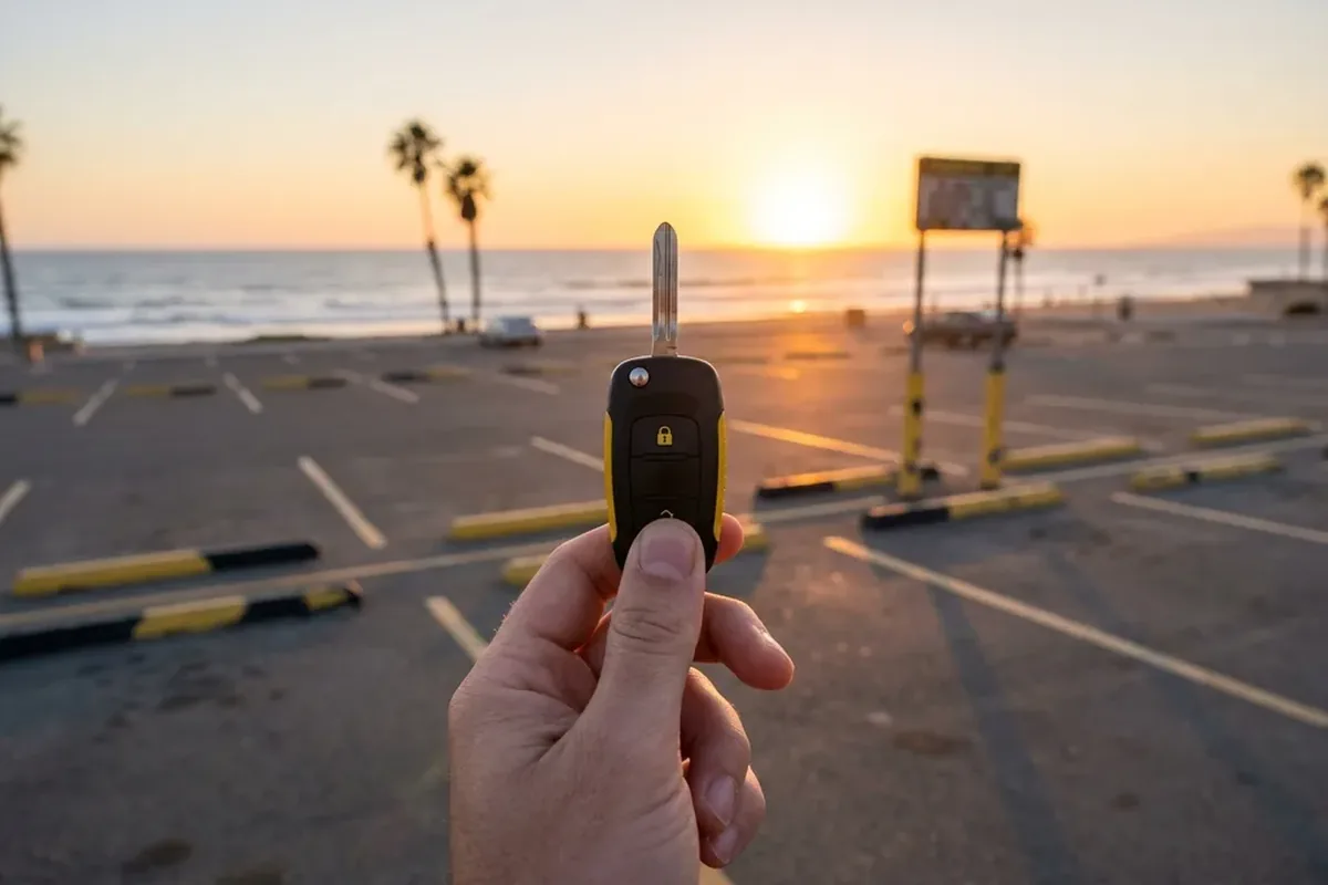 Locksmith cutting a replacement car key at a San Diego beach parking lot