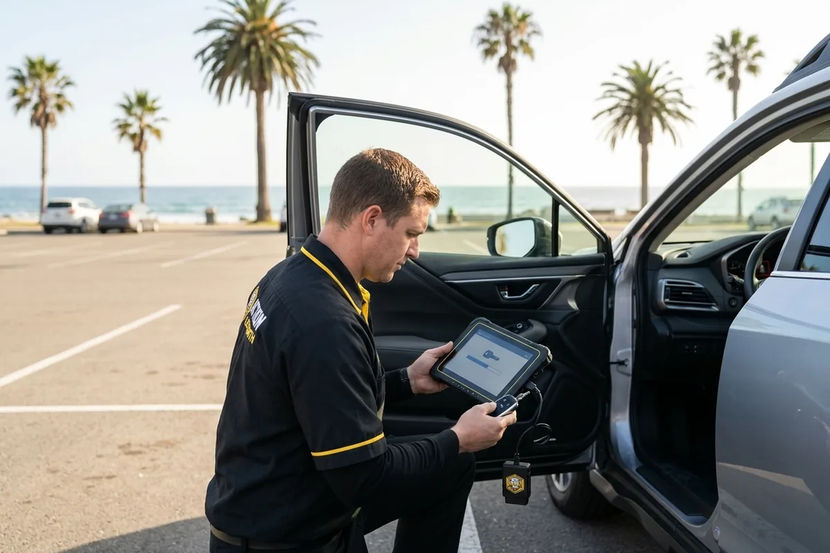 Locksmith programming a replacement key fob for a car parked in San Diego