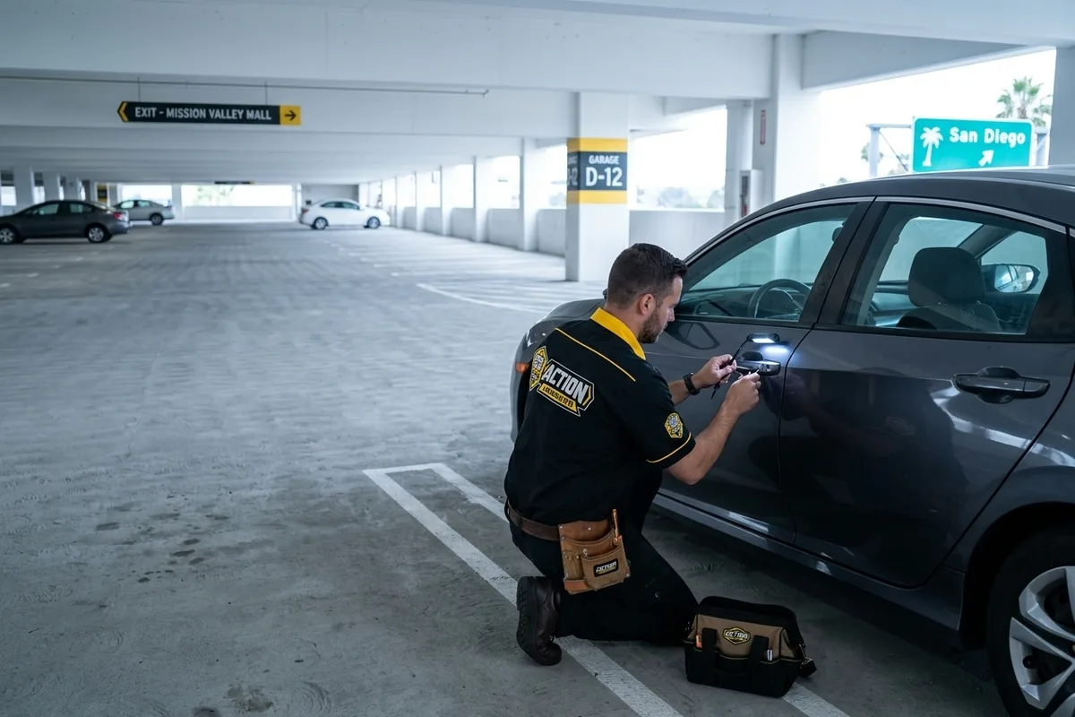 Locksmith opening a locked car in a Mission Valley mall parking garage