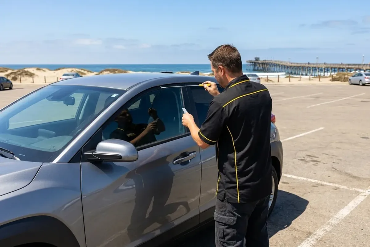 Locksmith opening a locked car door in a San Diego beach parking lot