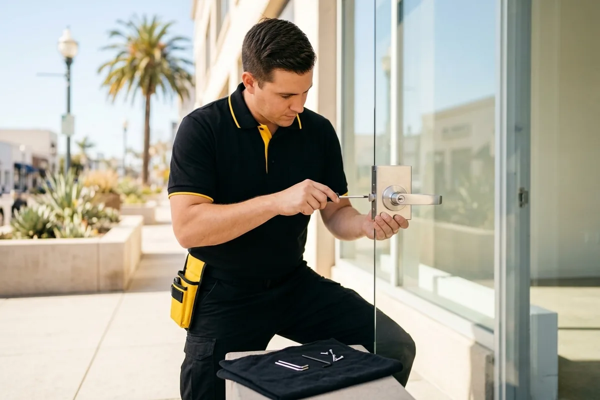 Locksmith installing a commercial deadbolt on a glass storefront door in San Diego