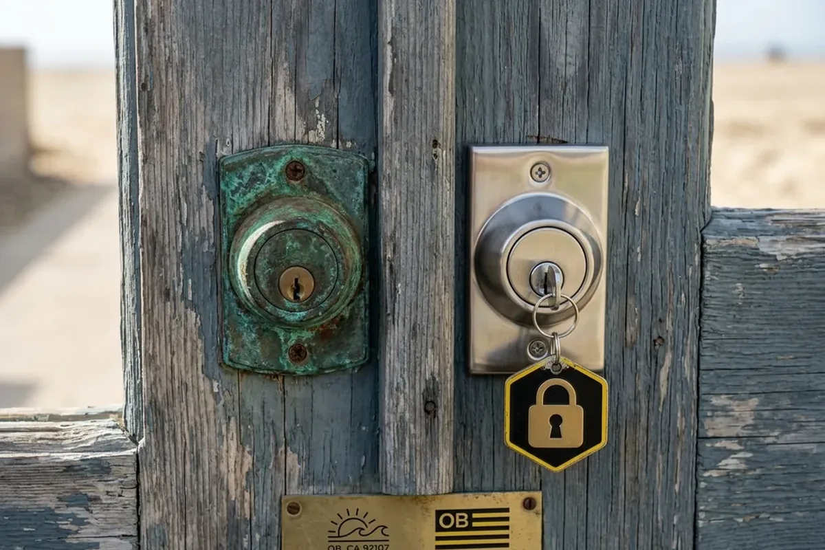 Corroded deadbolt on an Ocean Beach cottage door next to a new stainless replacement