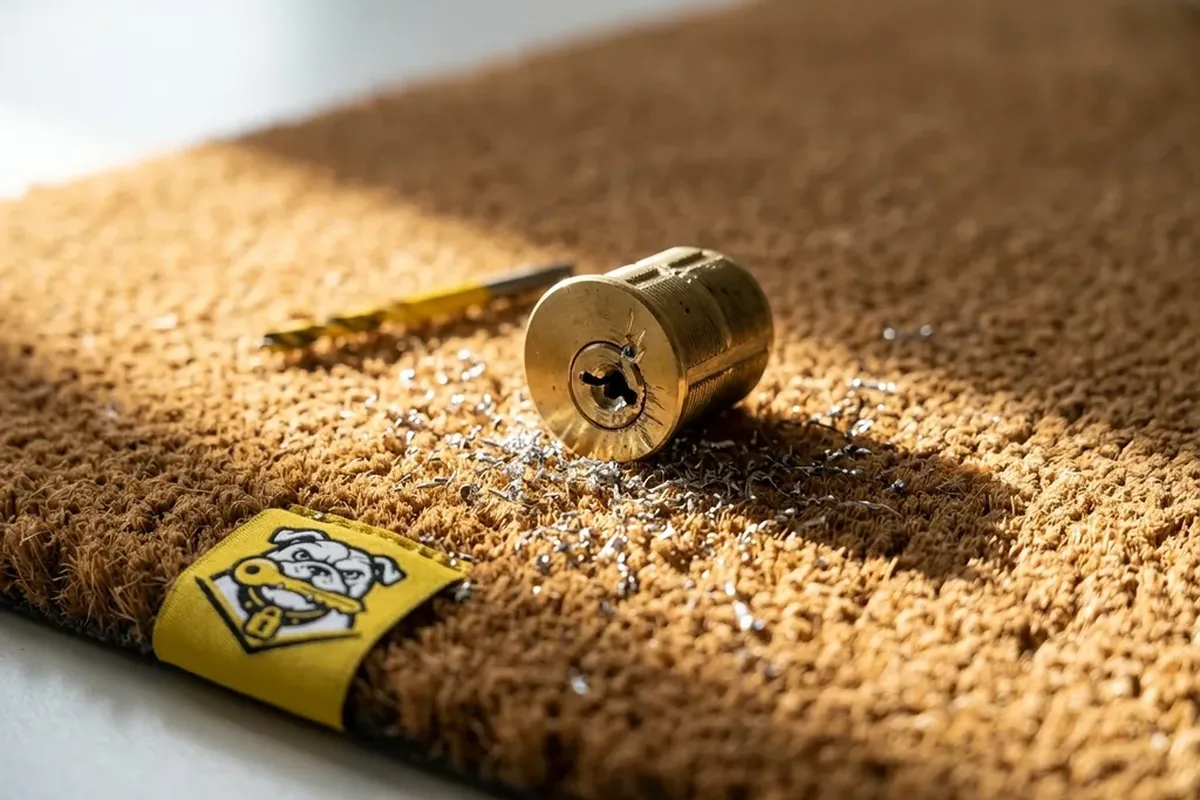 Drilled-out residential lock cylinder, the signature of a locksmith scam