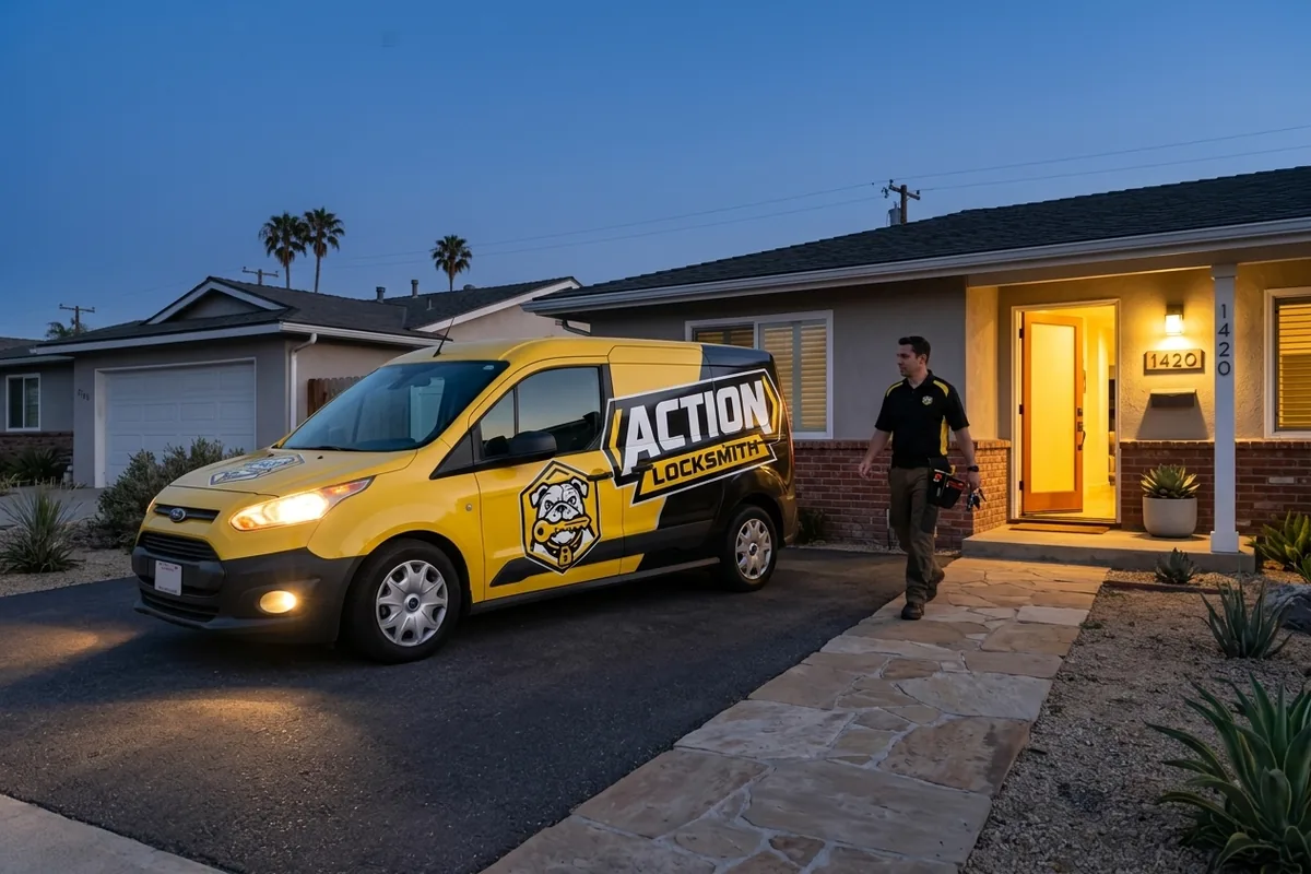 Action Locksmith San Diego van arriving at a San Diego home in the evening for an emergency lockout