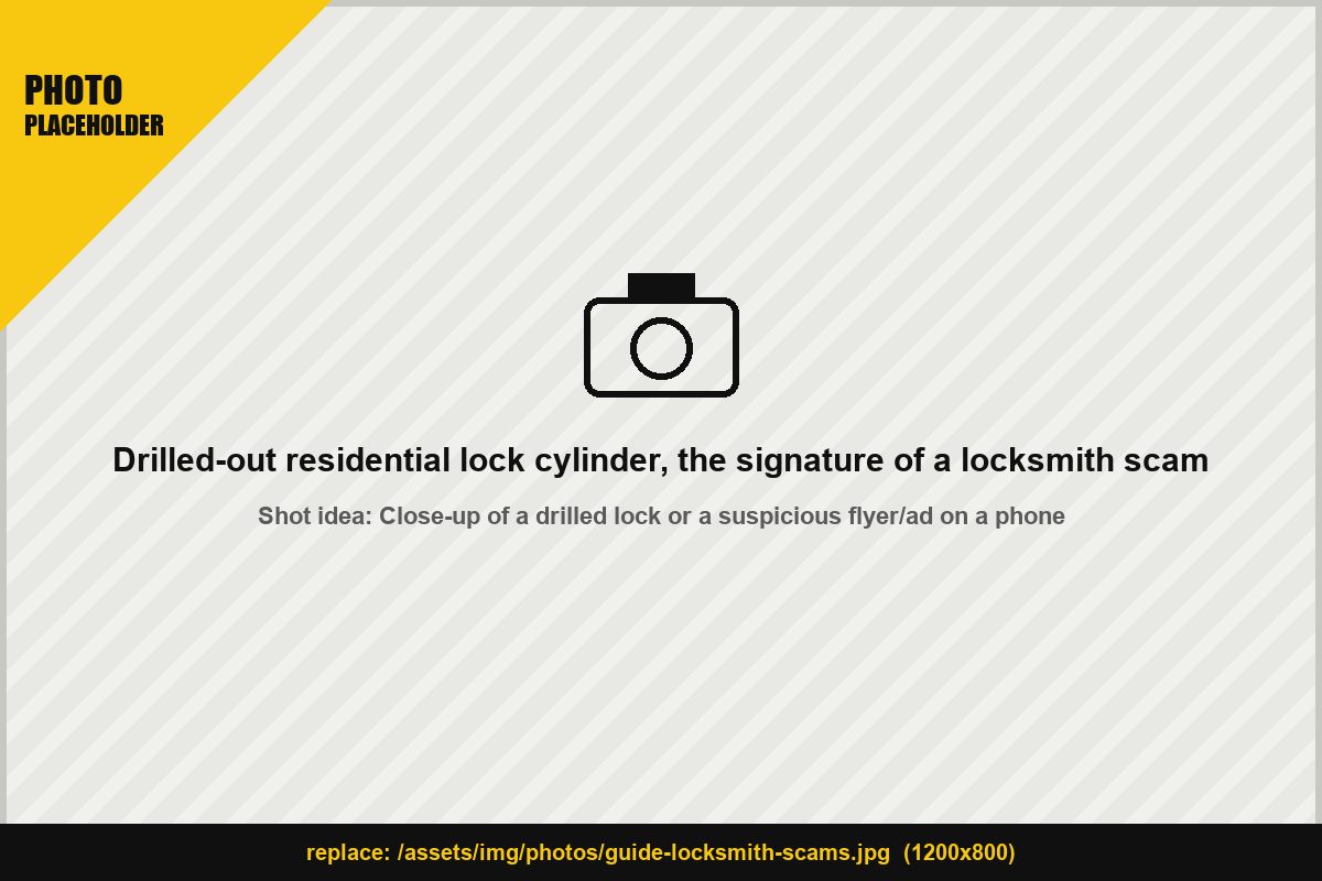 Drilled-out residential lock cylinder, the signature of a locksmith scam