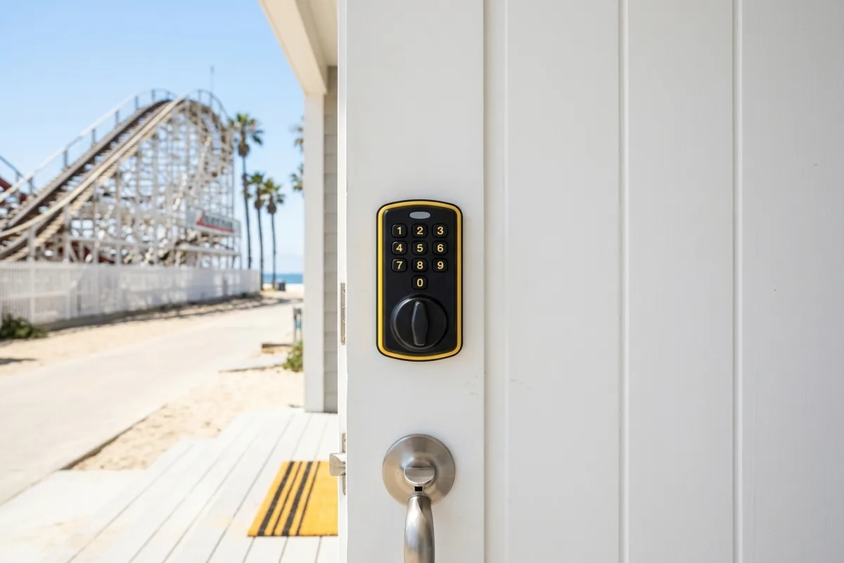 Locksmith installing a keypad smart lock on a Mission Beach vacation rental