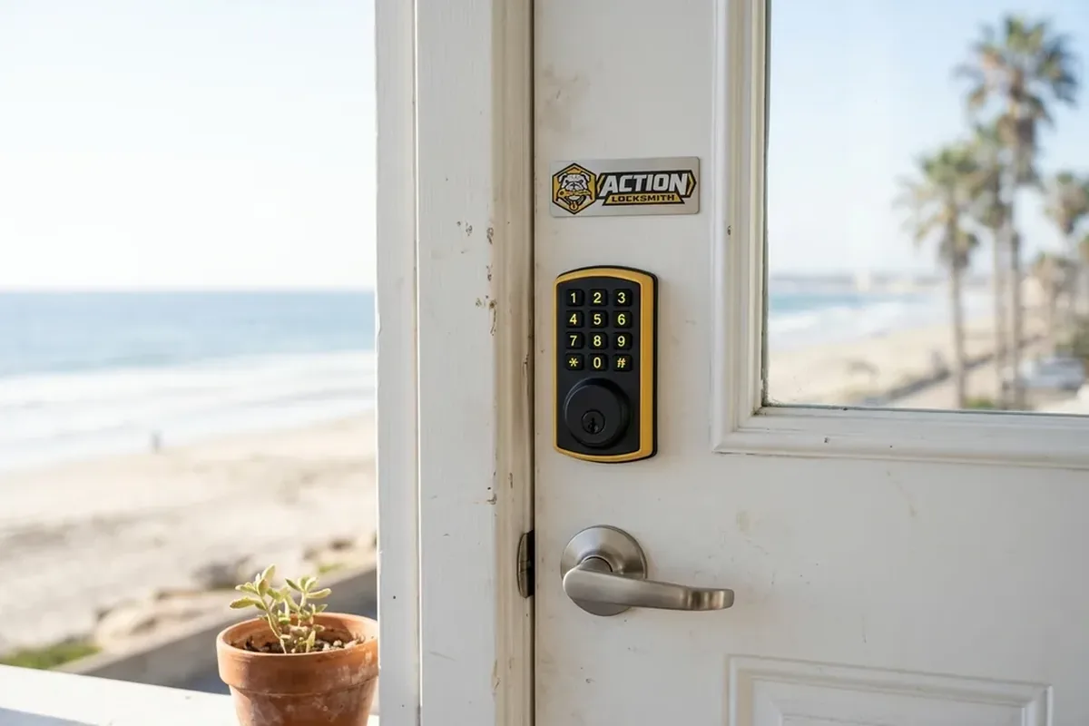 Locksmith programming a keypad smart lock on a San Diego home