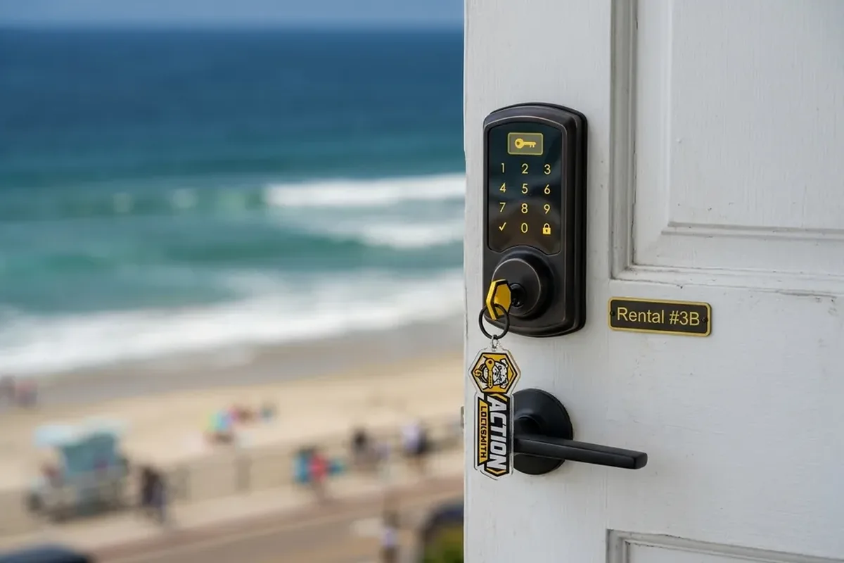 Keypad smart lock on a vacation rental door in Mission Beach, San Diego