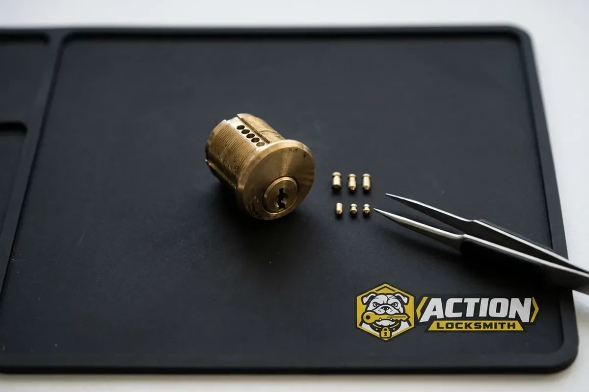 Locksmith rekeying a deadbolt cylinder with a pinning kit at a San Diego home