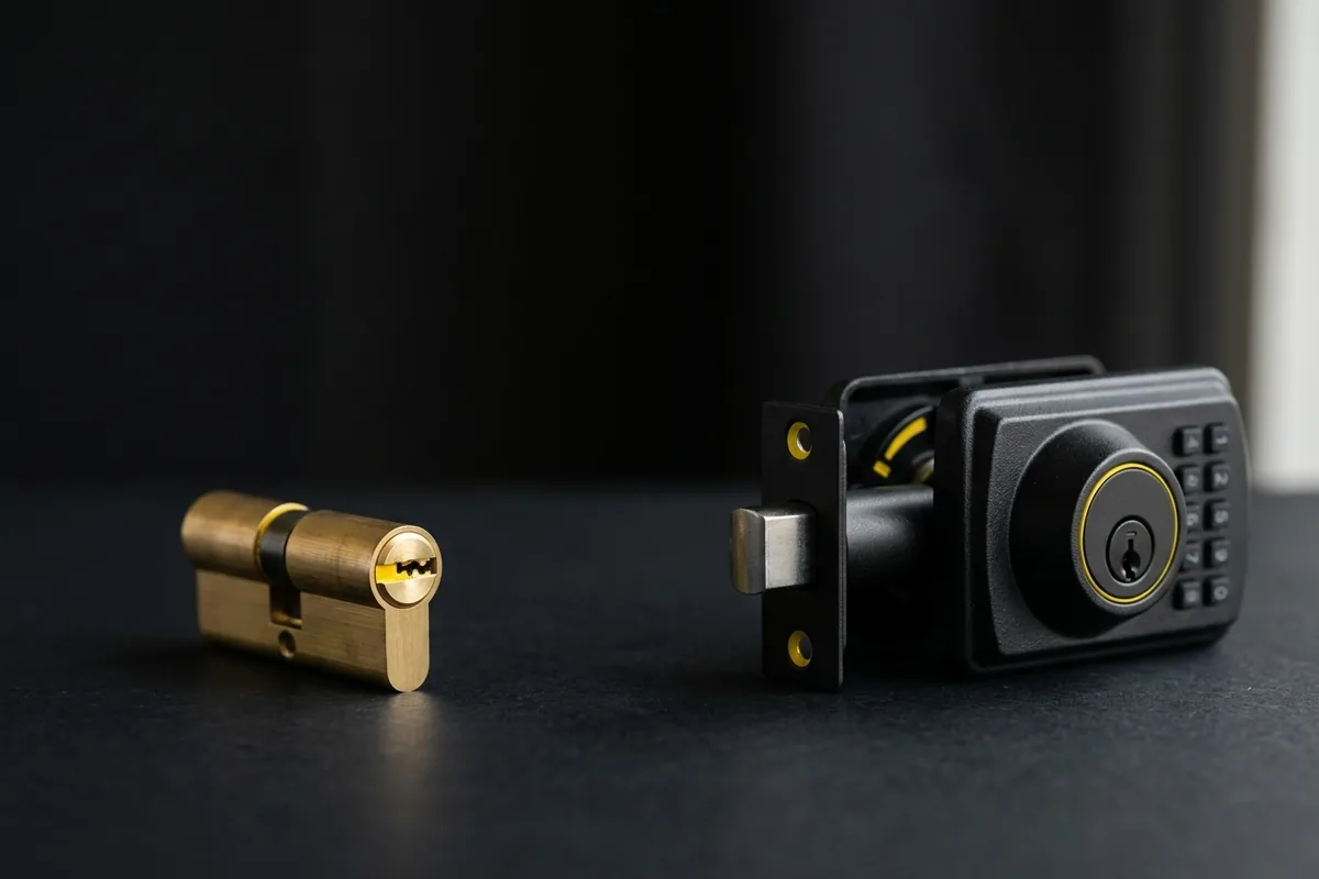 A rekeyed lock cylinder next to a new deadbolt on a workbench