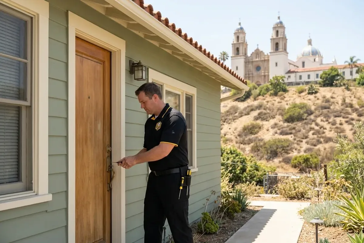 Locksmith replacing a worn lock on a 1940s home in Linda Vista, San Diego