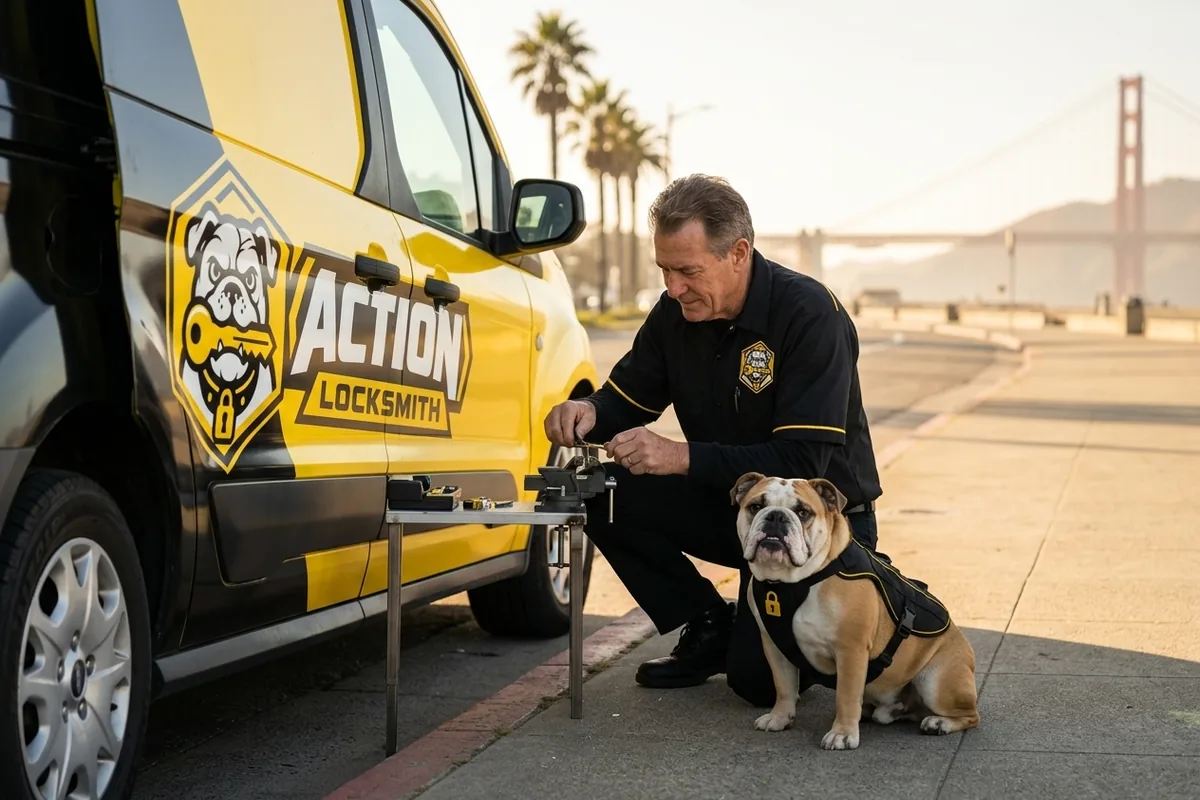 Action Locksmith San Diego technician standing beside the service van in Ocean Beach, San Diego