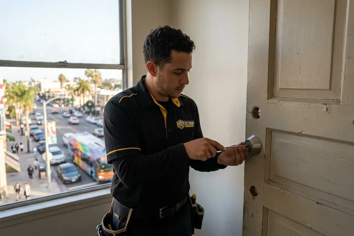 Locksmith installing a deadbolt on an apartment door in City Heights, San Diego