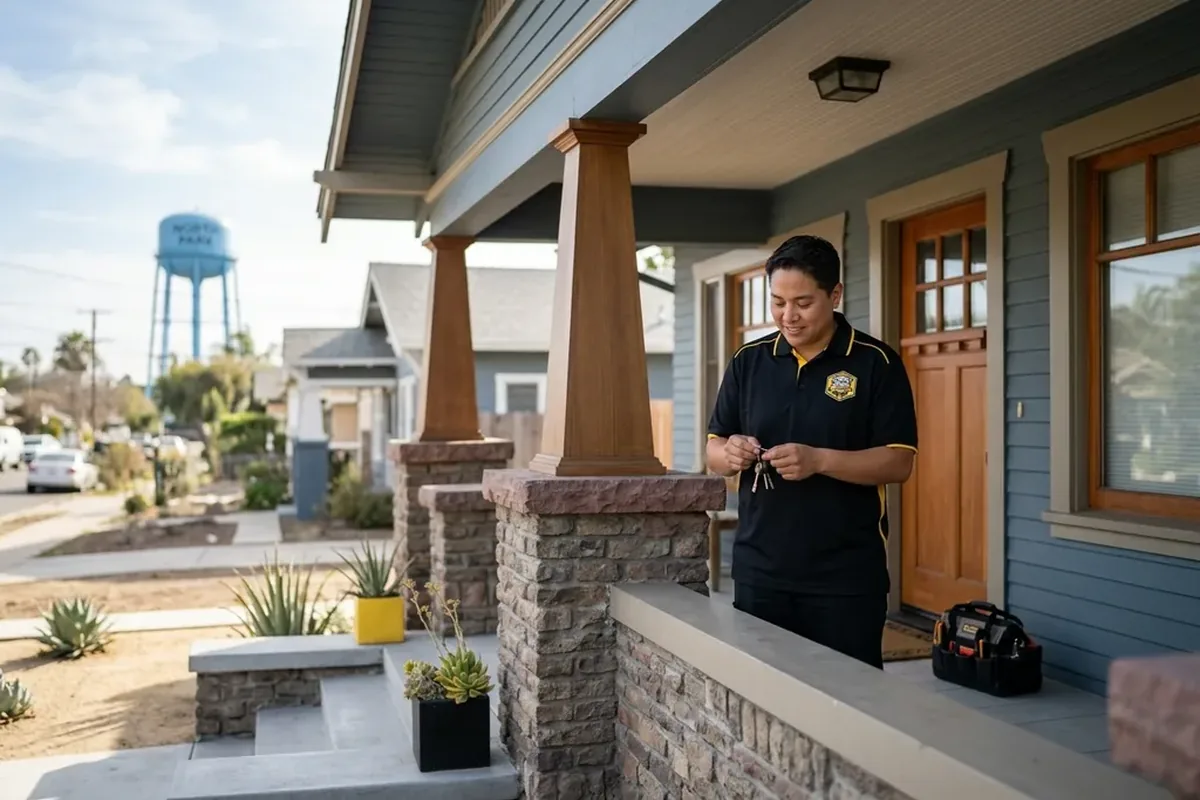 Locksmith installing a deadbolt on a Craftsman bungalow front door in North Park, San Diego
