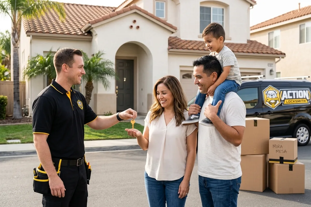 Locksmith rekeying a front door for a family moving into a Mira Mesa home