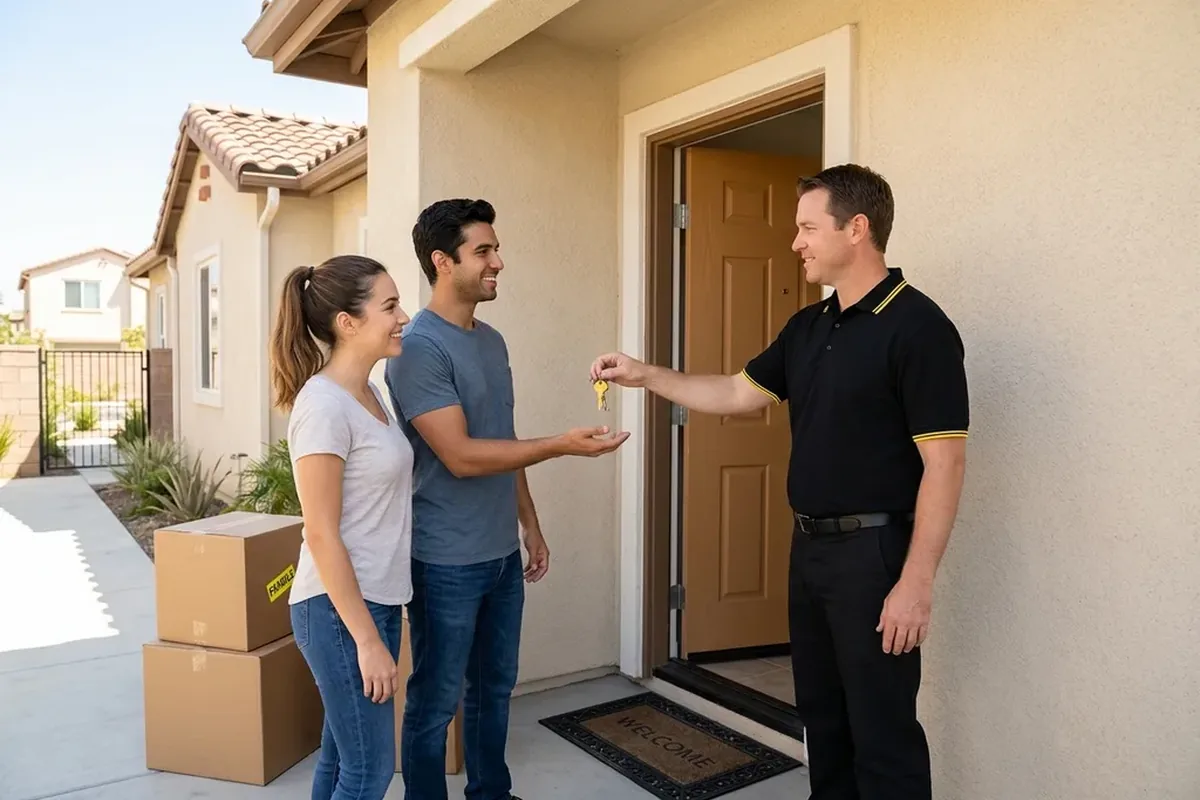 New homeowners receiving freshly cut keys from a locksmith at their San Diego front door