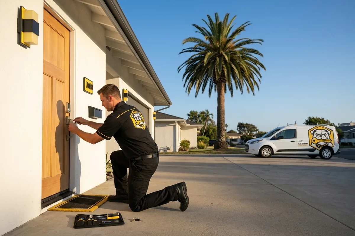 Locksmith picking open a front door for a locked-out homeowner in San Diego