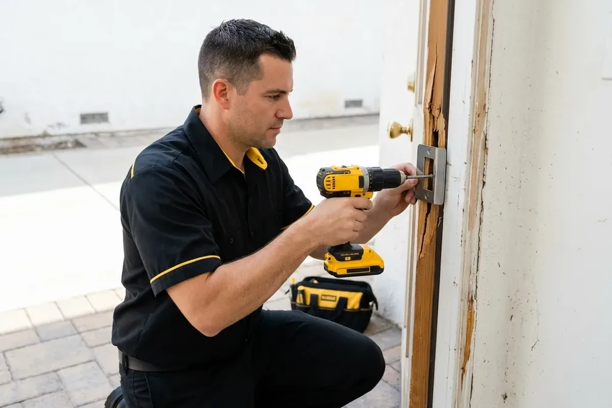 Locksmith reinforcing a damaged door frame with a new strike plate after a break-in in San Diego