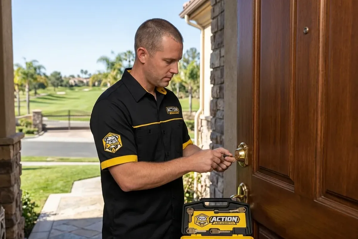 Locksmith rekeying a front door in a Rancho Bernardo gated community