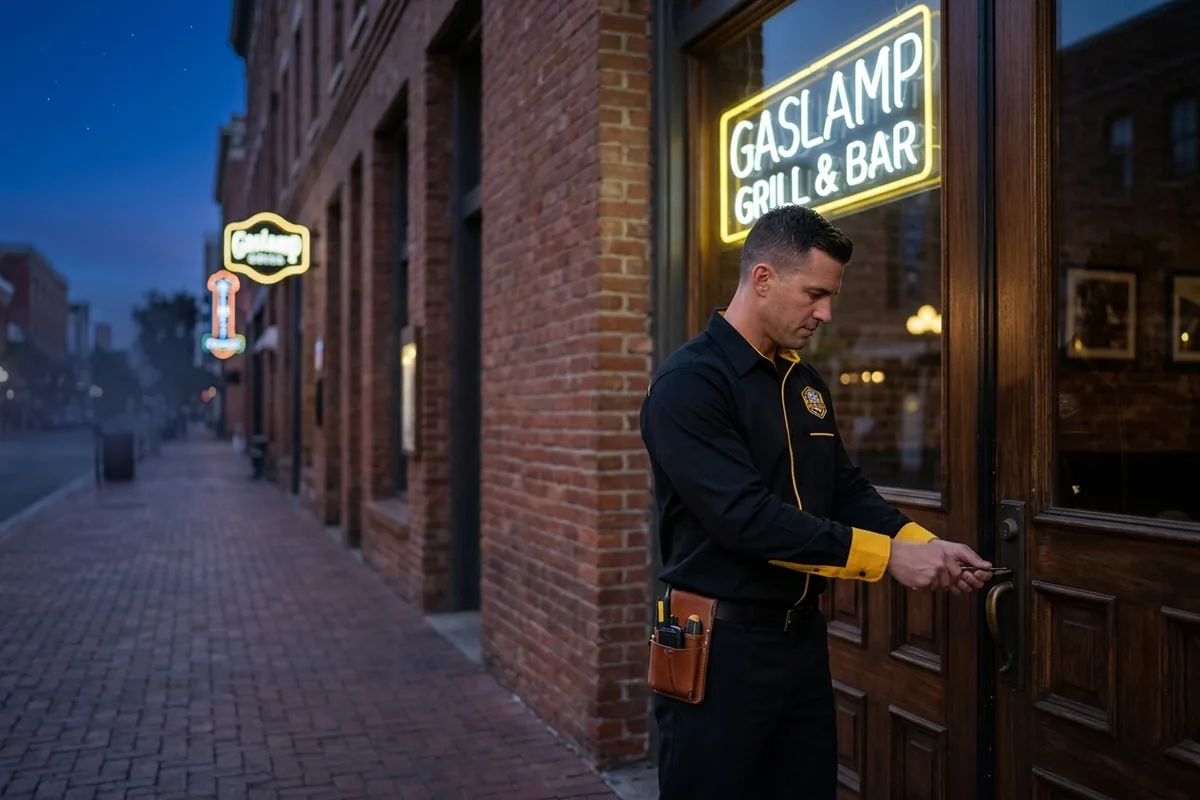 Locksmith servicing a restaurant door in the Gaslamp Quarter, Downtown San Diego