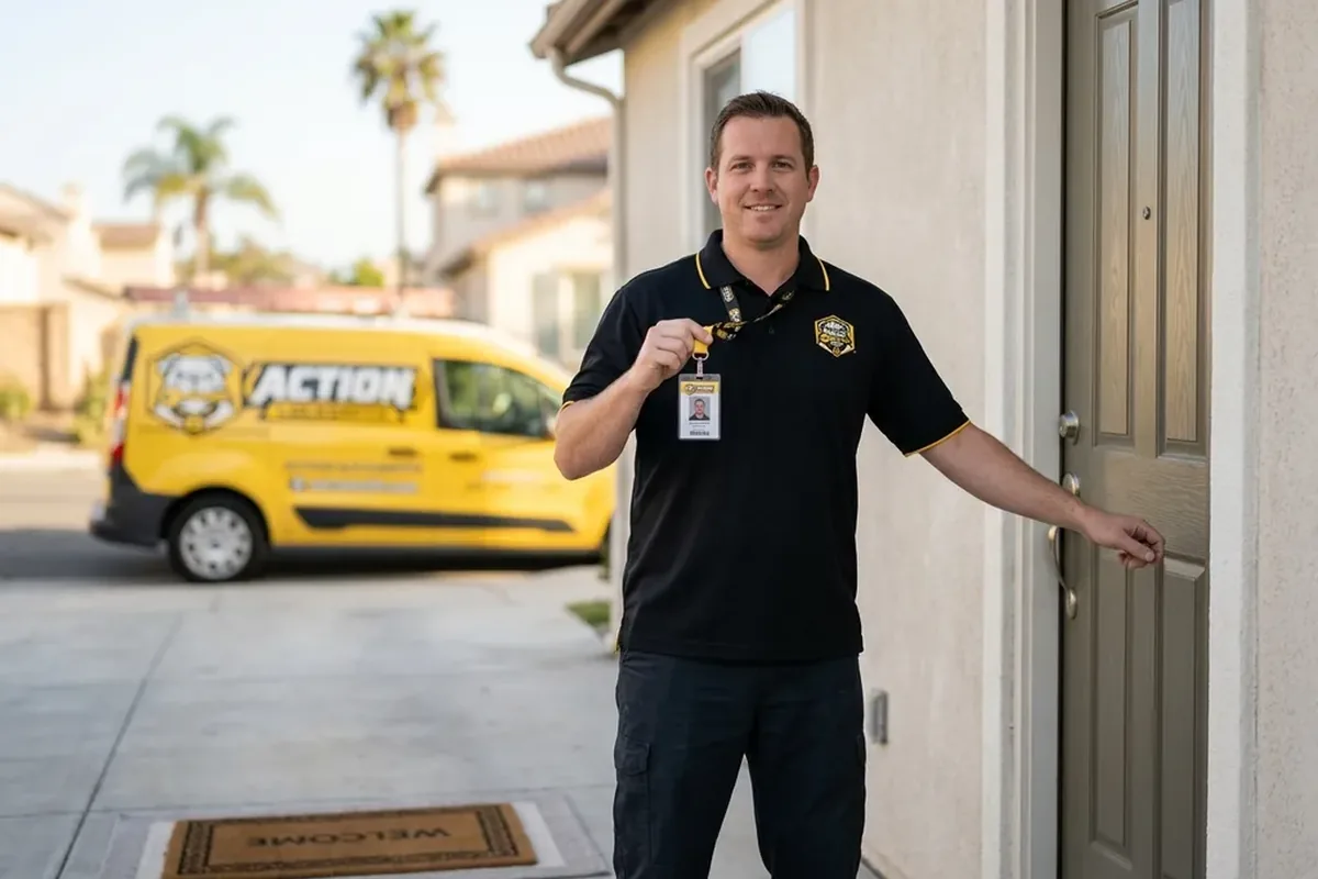 Locksmith showing an ID badge at a San Diego front door