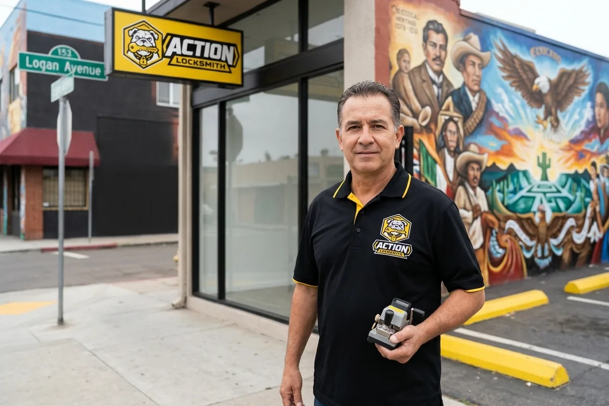Locksmith servicing a storefront door on Logan Avenue in Barrio Logan, San Diego