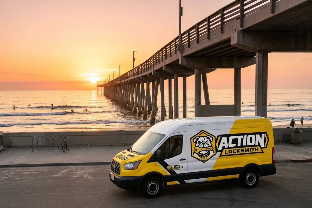 Action Locksmith San Diego van parked near the Ocean Beach Pier in San Diego