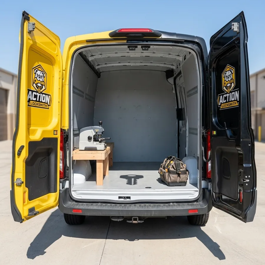 Inside the Action Locksmith San Diego service van showing lock hardware and key machines