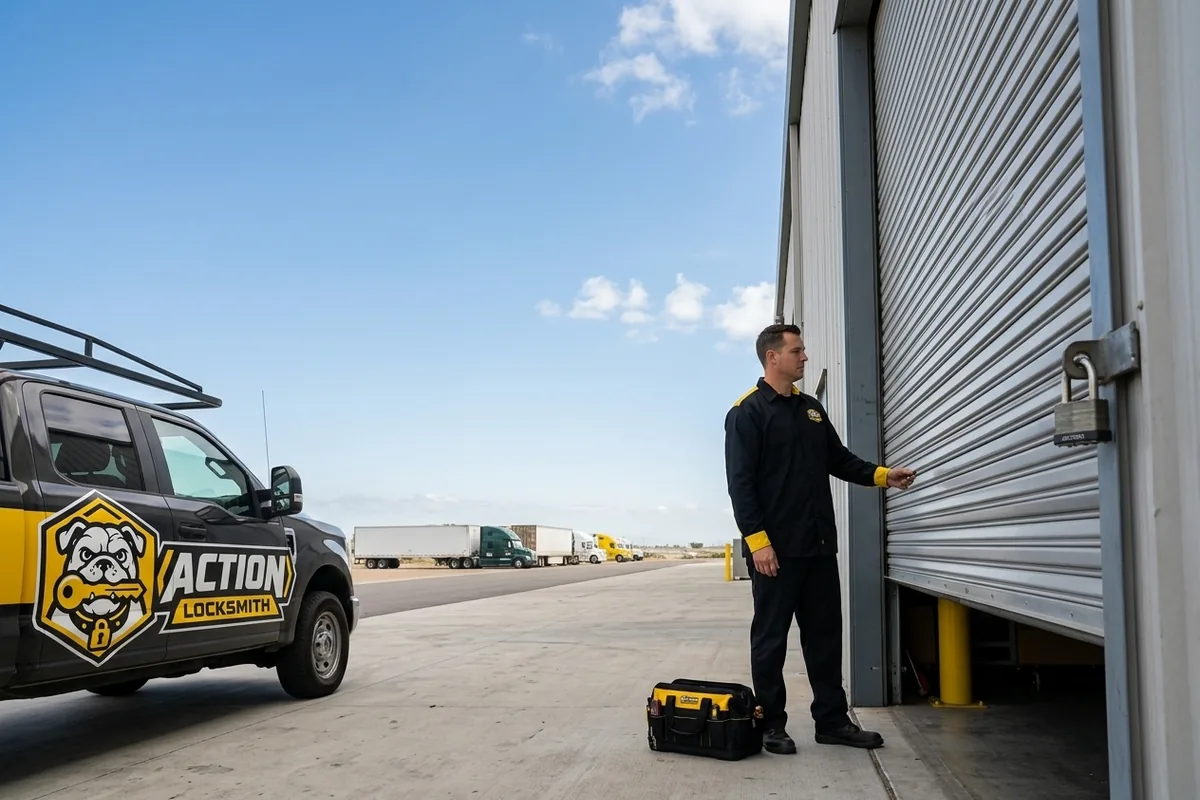 Locksmith servicing a warehouse door in Otay Mesa, San Diego