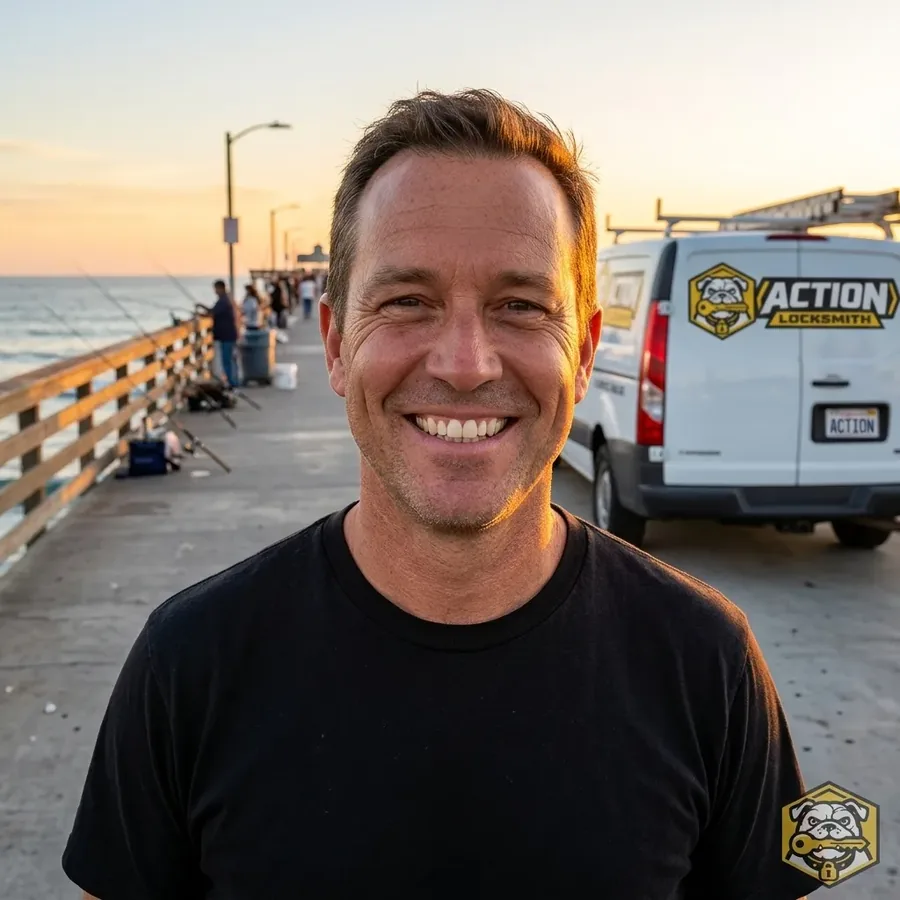 Mark Hanna, owner of Action Locksmith San Diego, beside the service van in Ocean Beach