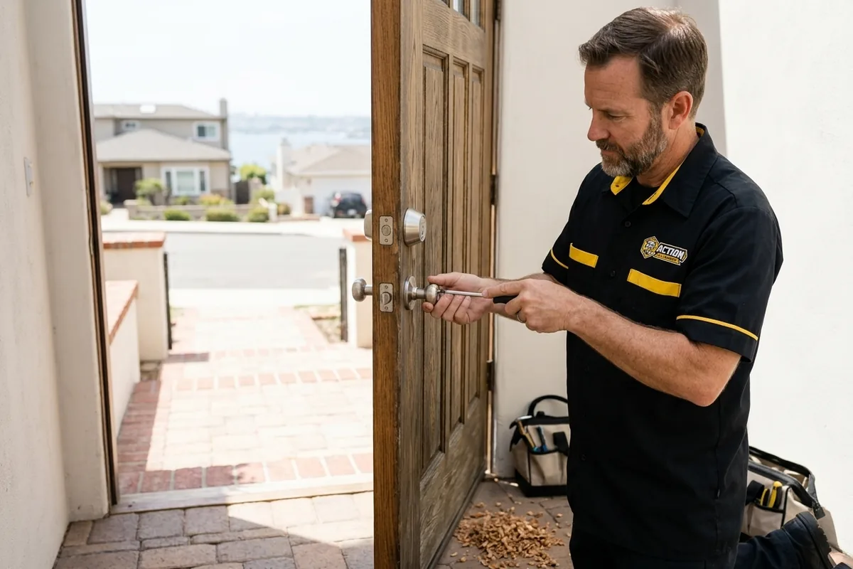Locksmith installing a new deadbolt on a wood front door in San Diego