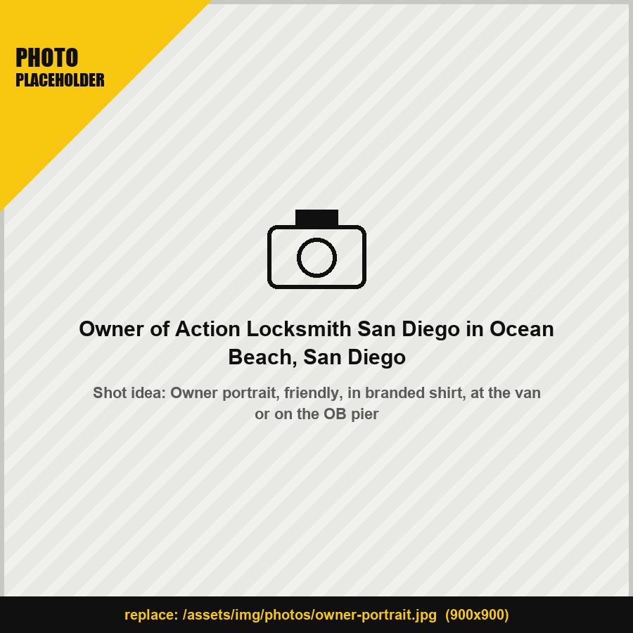 Mark Hanna, owner of Action Locksmith San Diego, beside the service van in Ocean Beach
