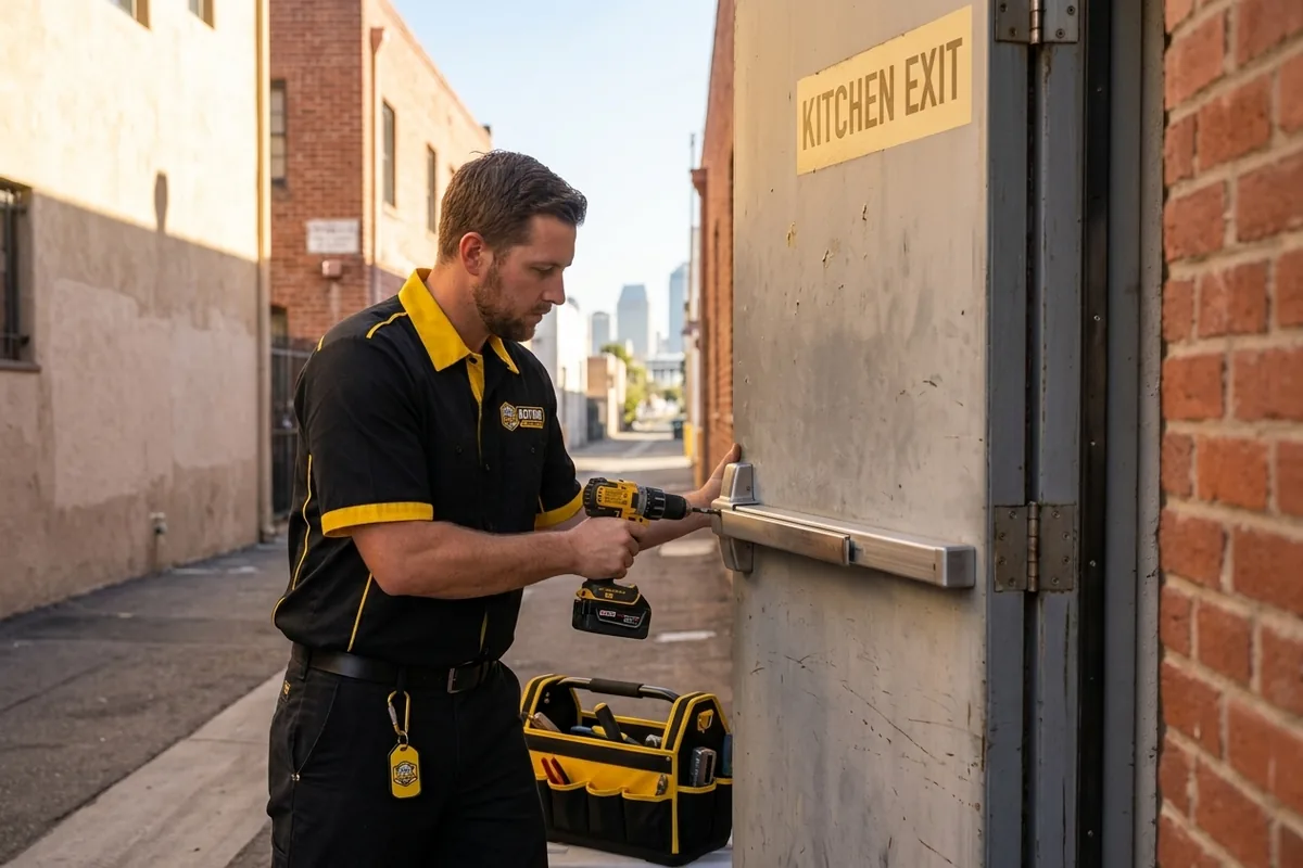 Locksmith installing a panic bar exit device on a commercial back door in San Diego