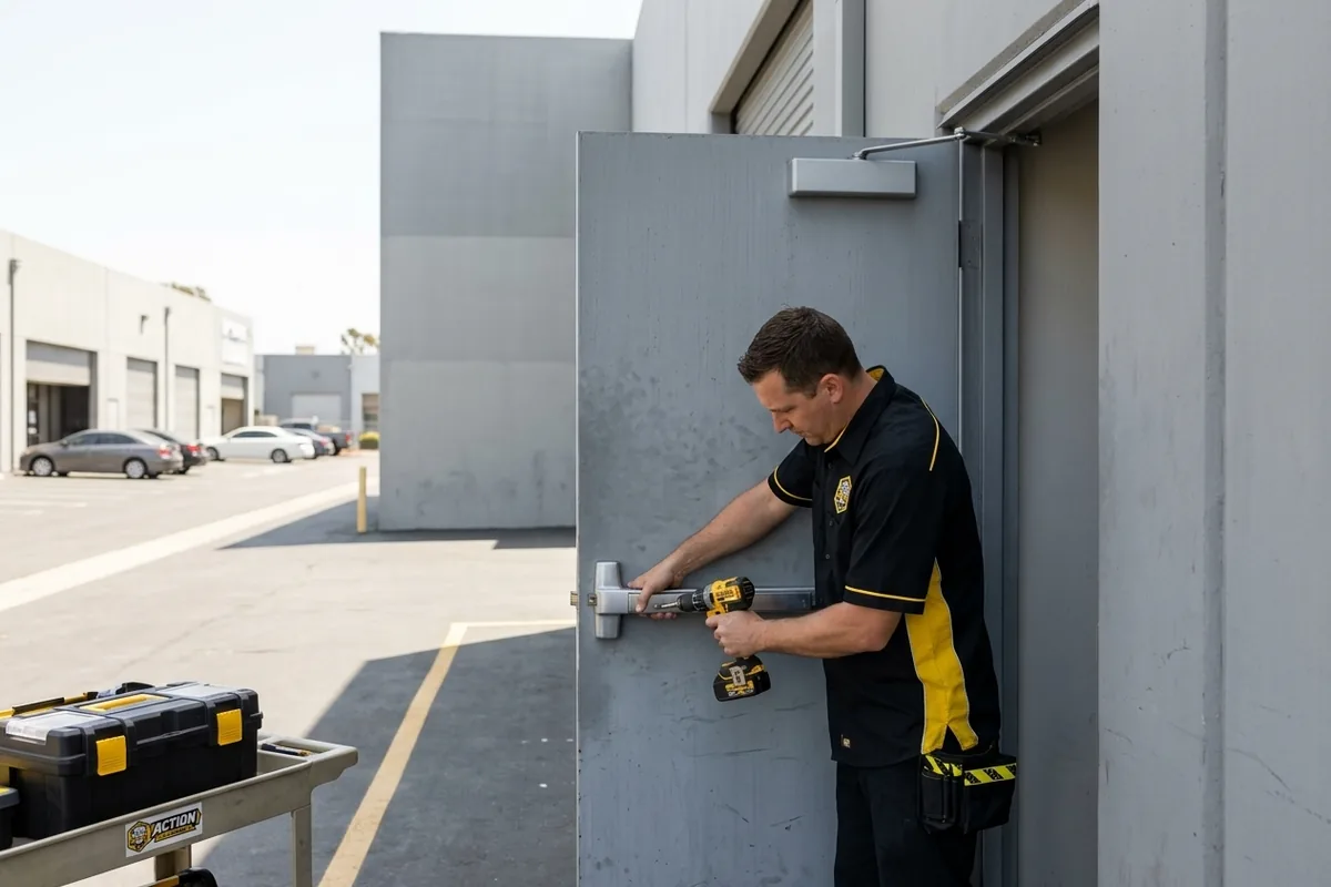 Locksmith installing a panic bar on a commercial door in a Kearny Mesa business park