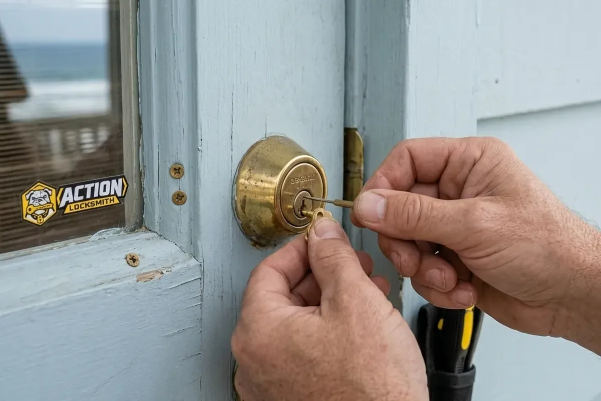 Action Locksmith San Diego technician rekeying a front door deadbolt on a San Diego home
