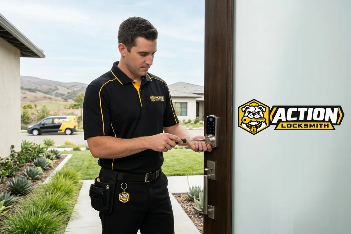 Locksmith installing a smart lock on a newer home in Carmel Valley, San Diego